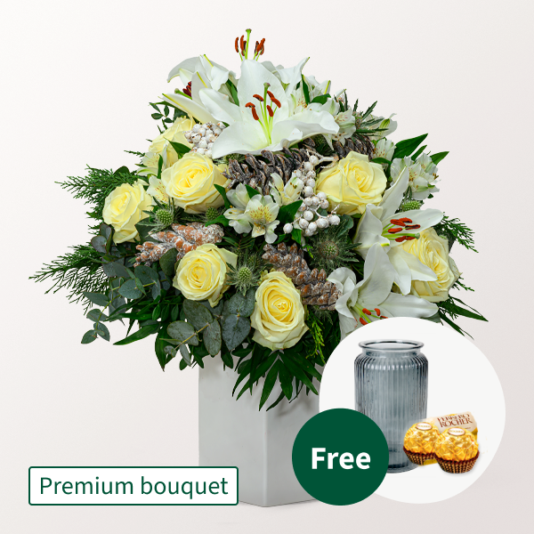 Premium Bouquet Snow White with Premium Vase & 2 Ferrero Rocher