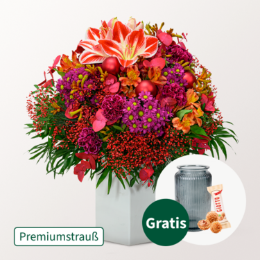 Premiumstrauß Winterherz mit Premiumvase & Ferrero Giotto 3er