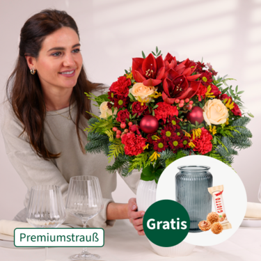 Premiumstrauß Festliche Bescherung mit Premiumvase & Ferrero Giotto 3er