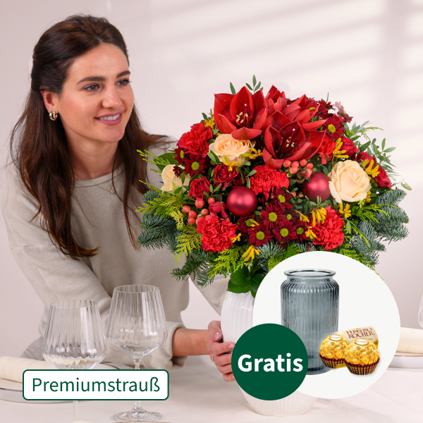 Premiumstrauß Festliche Bescherung mit Premiumvase & 2 Ferrero Rocher