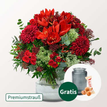 Premiumstrauß Große Bescherung mit Premiumvase & Ferrero Giotto 3er