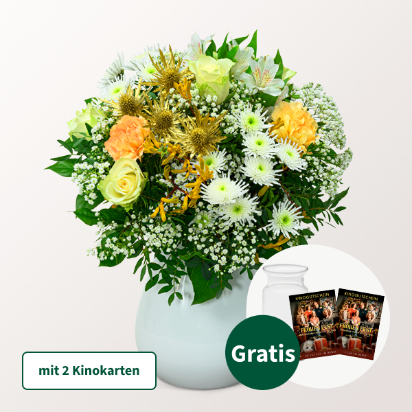 Blumenstrauß Goldschimmer mit 2 Kinokarten & Vase